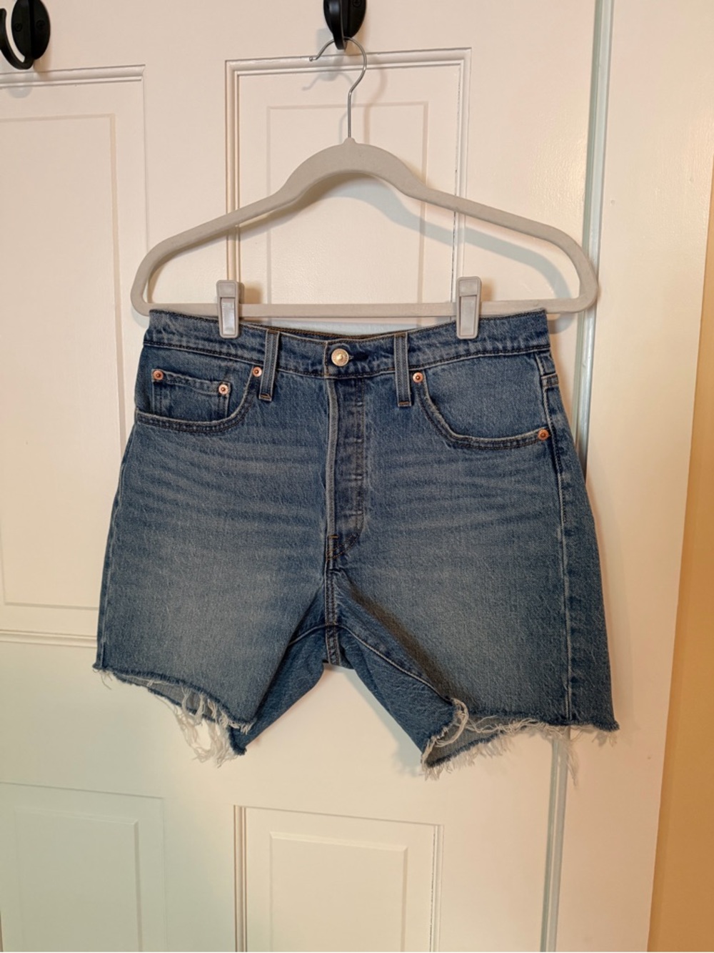 Levi's Medium Blue Frayed Denim Shorts